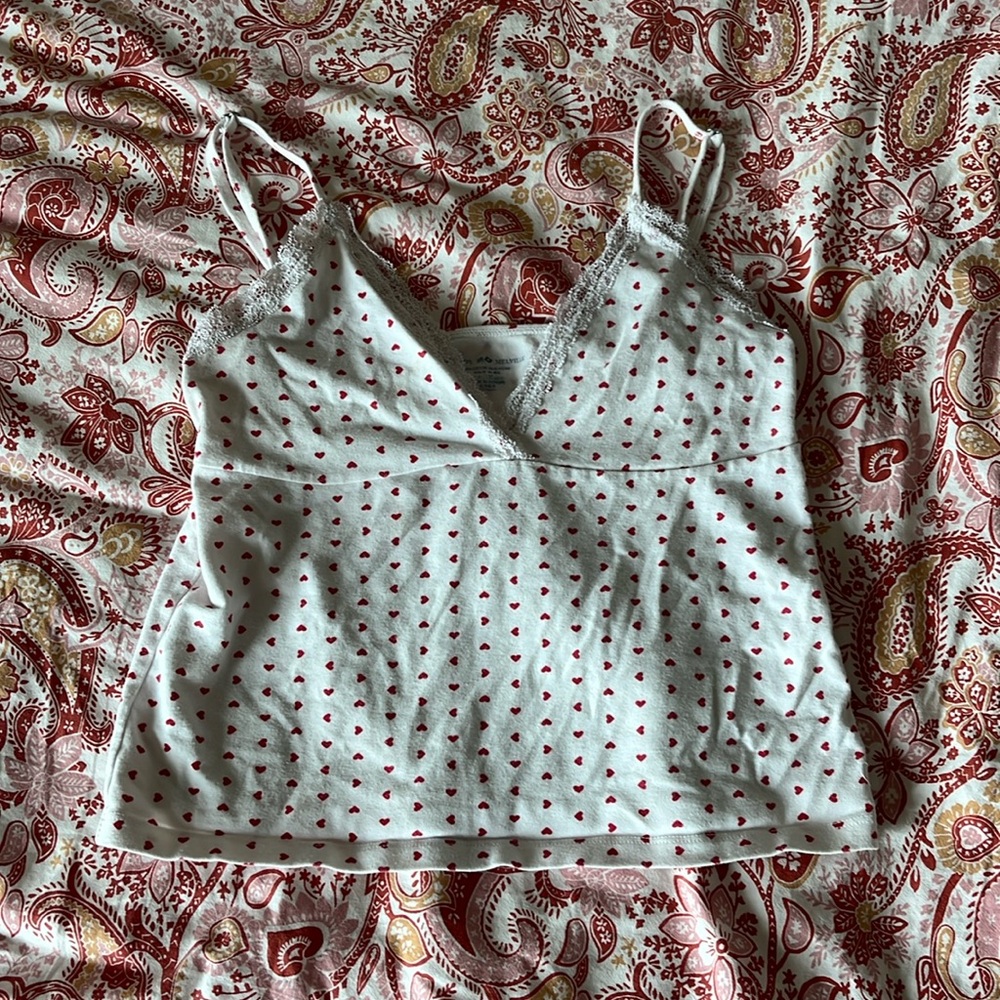 Brandy Melville white and red heart pattern babydoll tank top